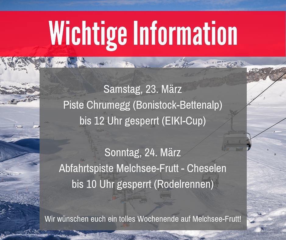 Am Wochenende ist einiges los auf Melchsee-Frutt. Deshalb ist die Pistenbenützung etwas eingeschränkt. Wir danken fürs Verständnis und wünschen allen ein sonniges & actionreiches Wochenende!